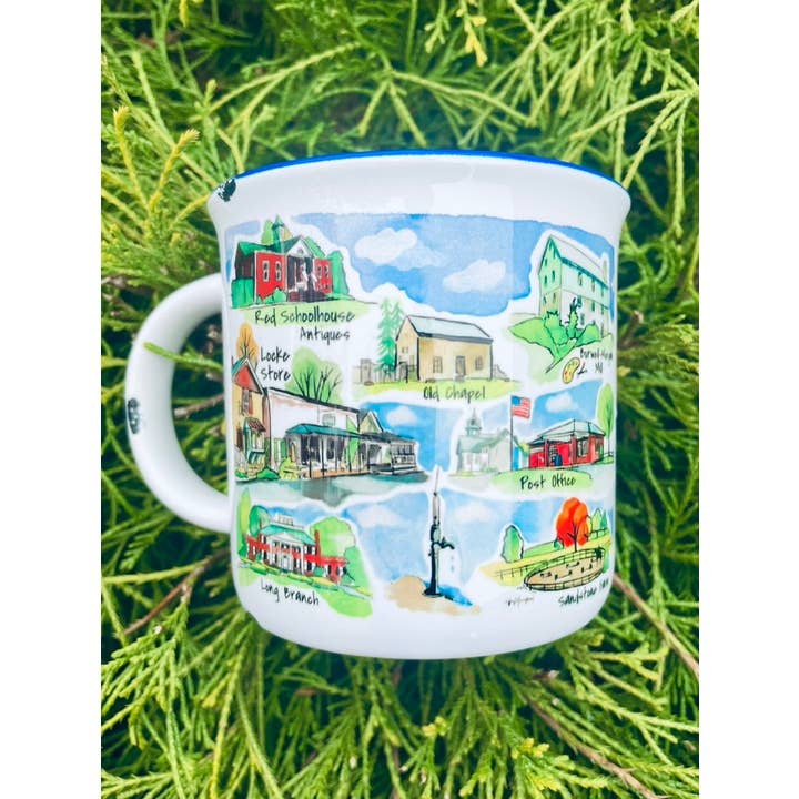 Sweetgum Studio - Wholesale Coffee Mug - Stoneware Distressed Mug with Blue Trim 14 oz.25