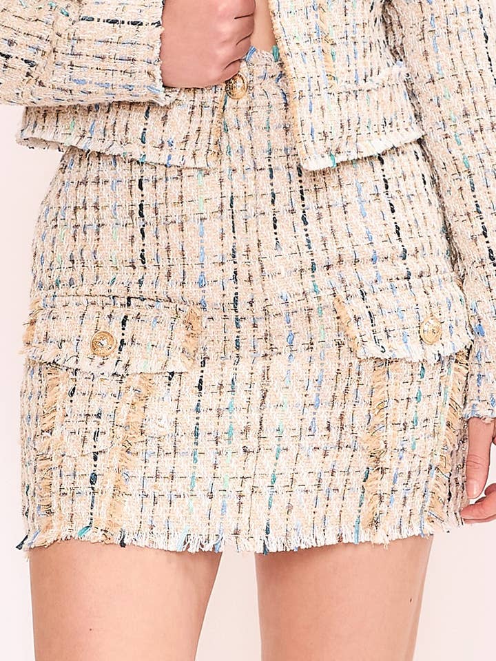 LS1264 TWEED MINI SKIRT WITH FRINGE DETAIL for wholesale by EB LUXE