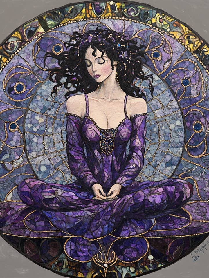 Violet Flame Meditation Goddess Tambourine and Ribbon Art for wholesale by Bodhi Leaf Market