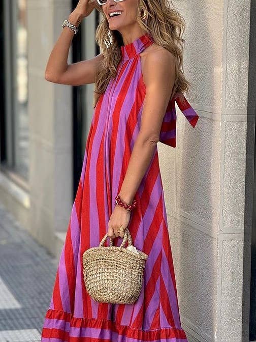 RoseRed Halterneck Backless Striped Print Maxi Dress for wholesale on Faire1