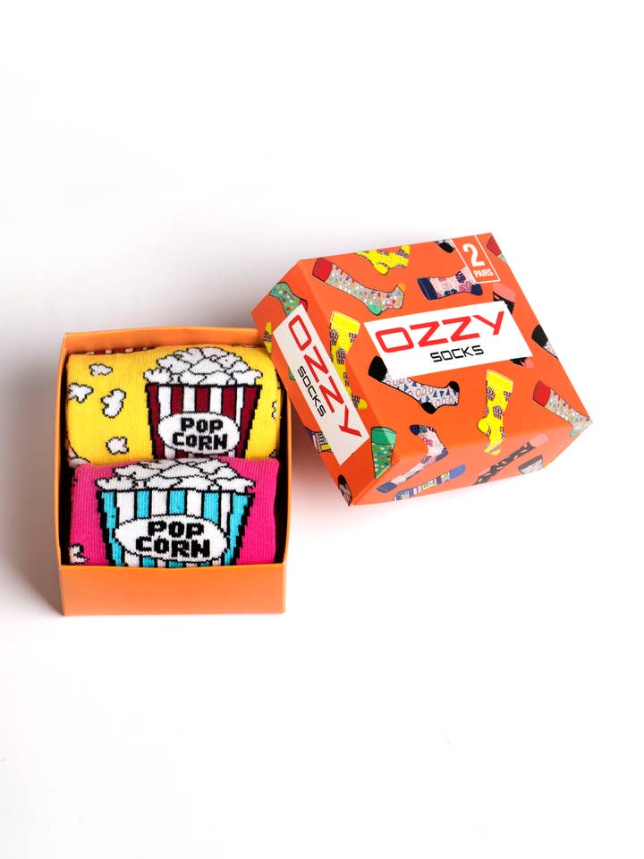 Calcetines Divertidos 2 Pares Diseños en Caja de Regalo - Palomitas para venta al por mayor de Ozzy Socks