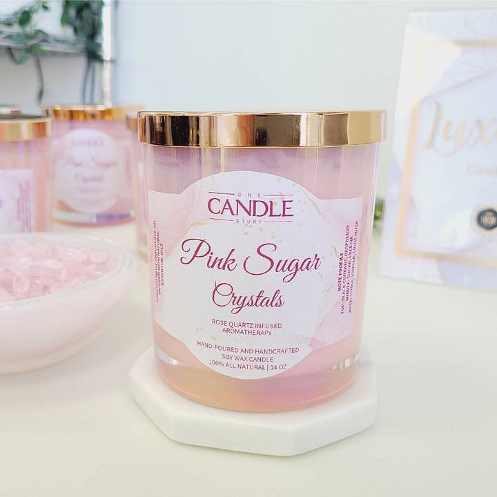 Luxury Crystal Candle, Infused with Natural Rose Quartz, Pink Sugar Crystal Scented Candle for wholesale by One Candle Story