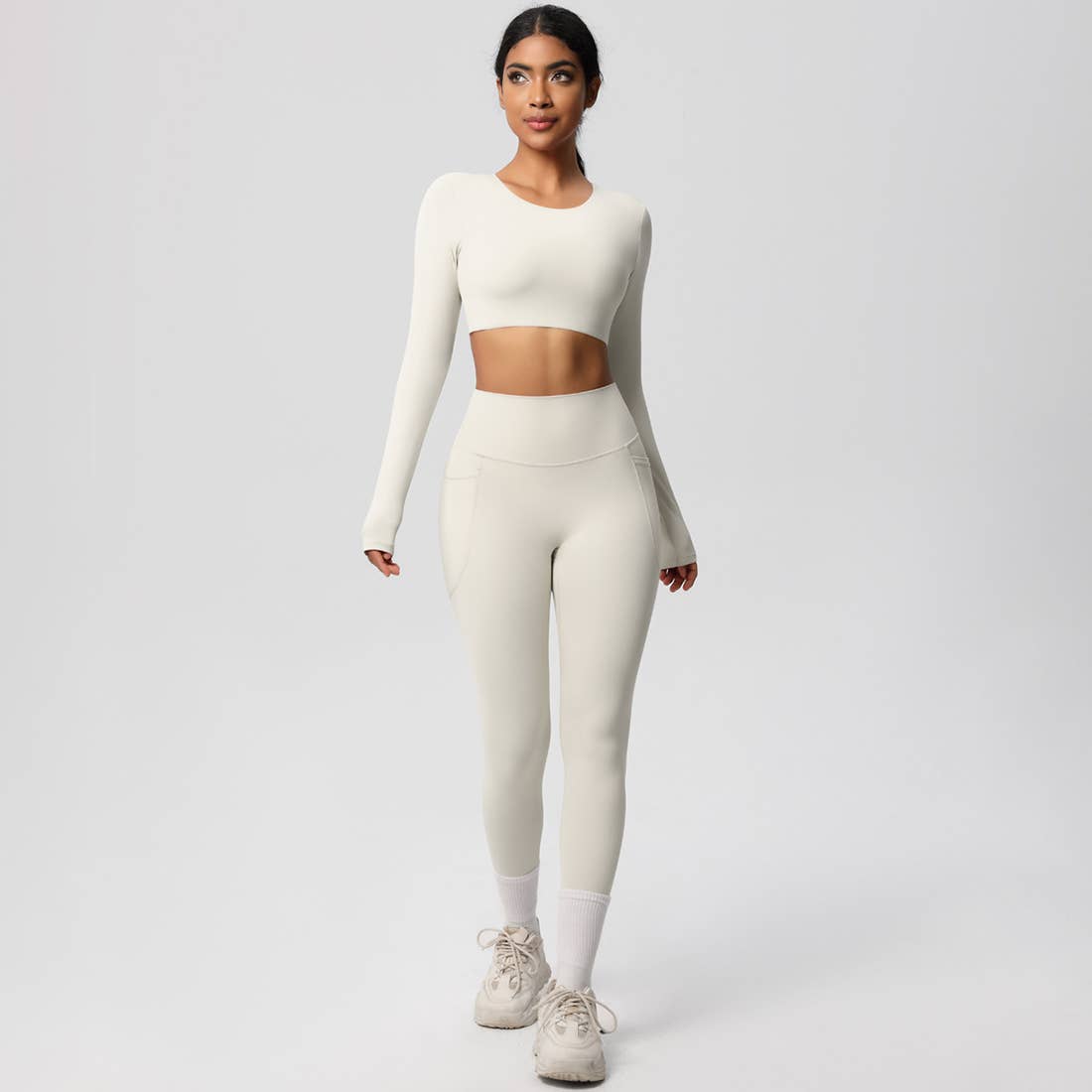 Sodalemon - Wholesale Activewear Set - Women's - Women High-Waist Yoga Set:Cropped Long Sleeve Top + Leggings25