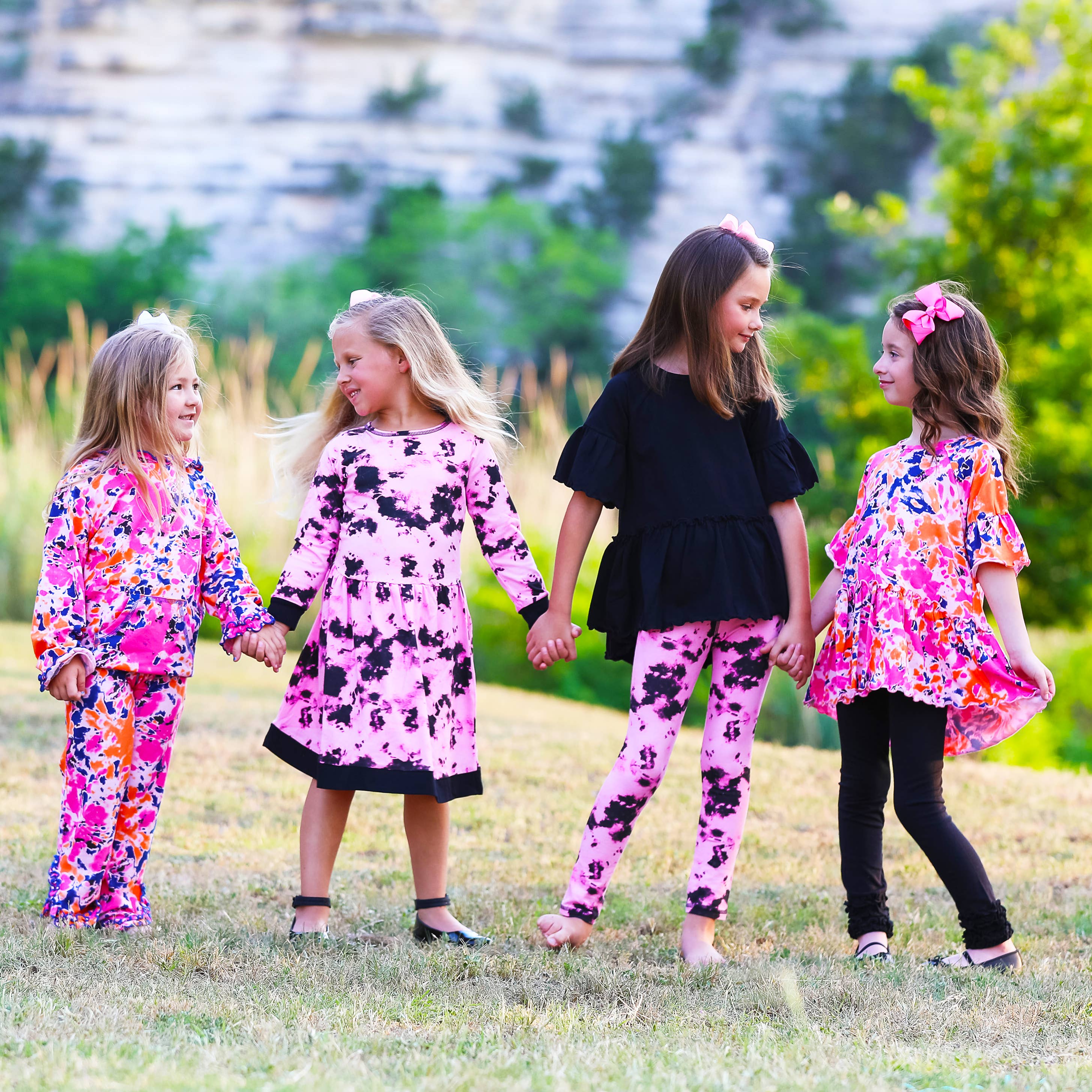 AnnLoren - Wholesale Dress - Kids - Pink & Black Groovy Girls Tie Dye Dress Cotton Kids Clothing6