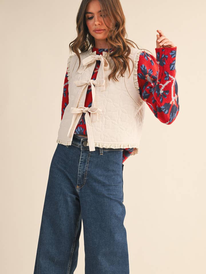 &MERCI - Wholesale Outerwear Vest - Women's - FLORAL QUILTED LACE TRIM BOW TYING VEST MJK41132