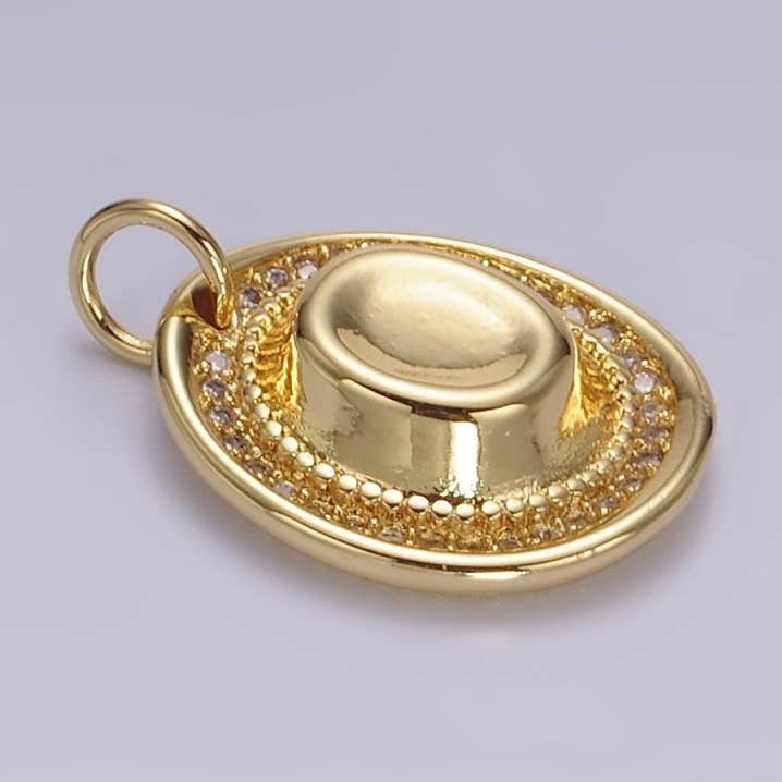 14K Gold Filled Cowboy Hat Clear CZ Lined Charm | N1528 for wholesale by Aim Eternal