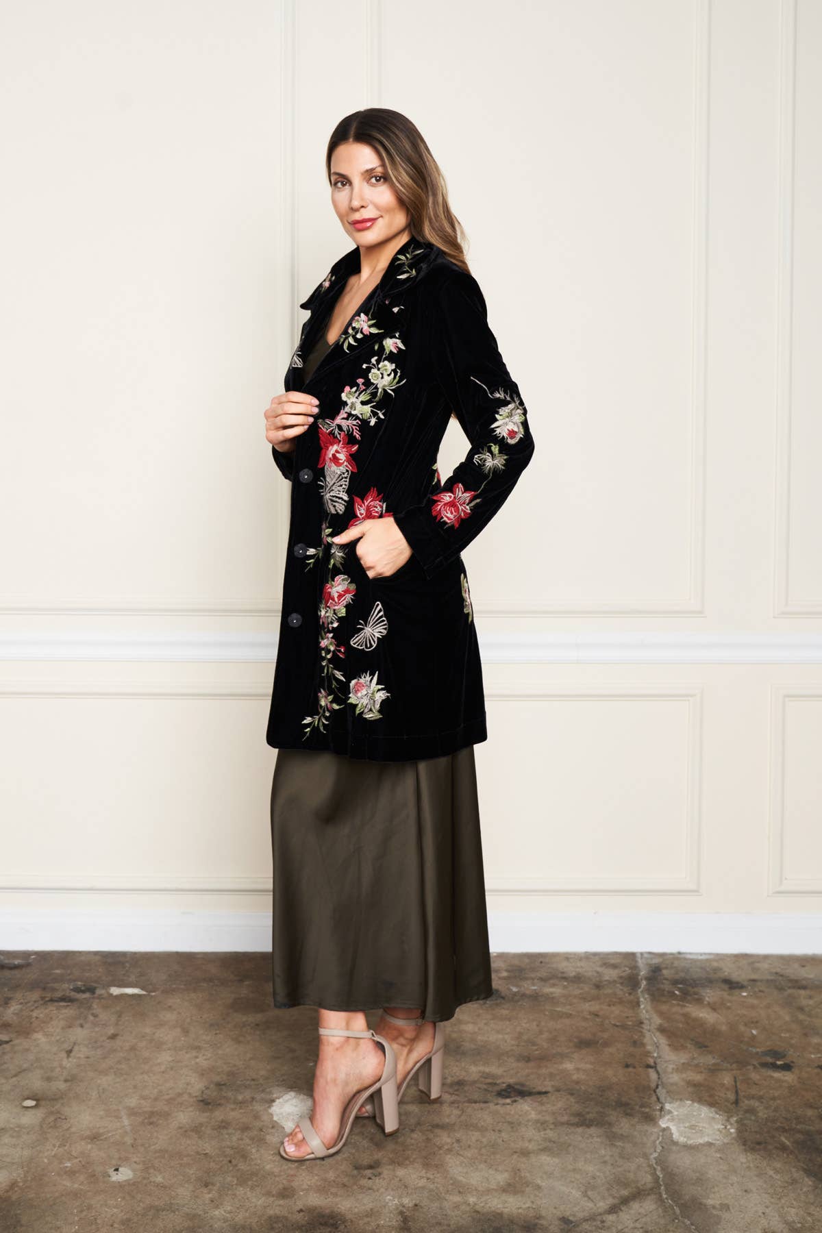Black 5675-MAJ Embroidered Velvet Coat for wholesale on Faire3