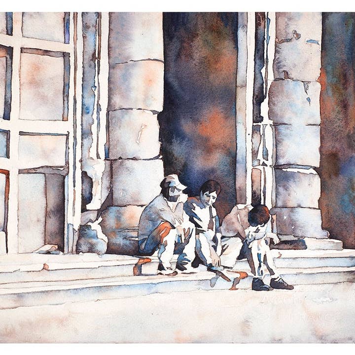 Aquarelle représentant une église dans la ville coloniale de Morelia, au Mexique. Peinture à l'aquarelle Morelia men Fine Art (impression) pour la vente par Ryan Fox Fine Art