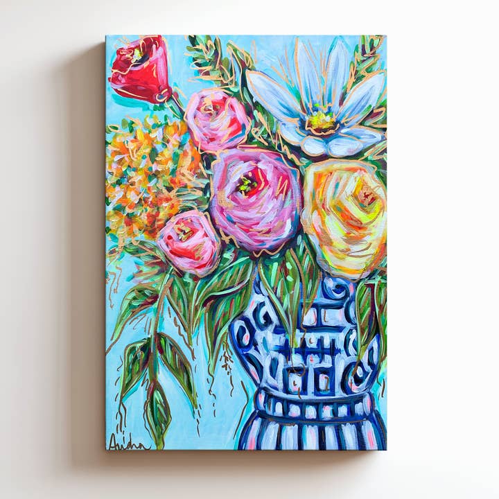 Ginger Jar Floral Canvas Print - Blue and White Flower Bouquet Art Painting for wholesale by Audra Style