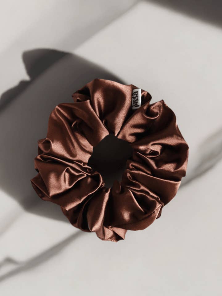 Slim Fluff Silk Satin Scrunchie in Cocoa for wholesale by Petal & Posy