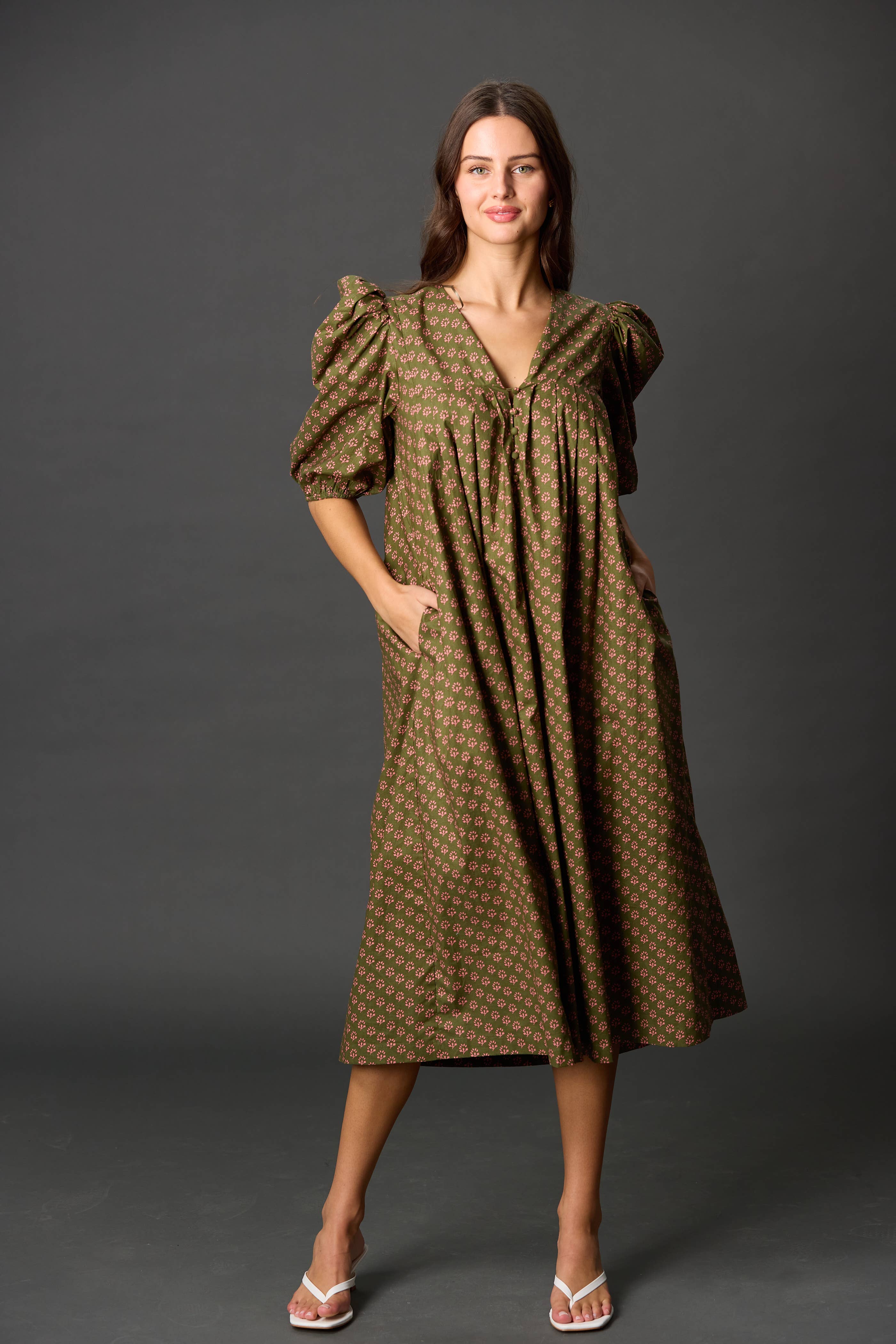 Olive Mauve Poplin Puff Sleeve Midi Dress for wholesale on Faire