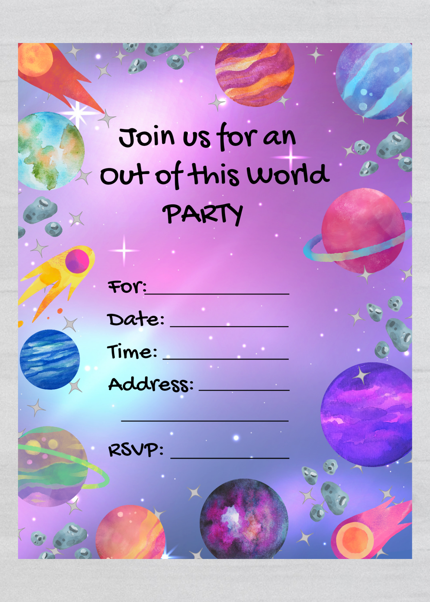LM Studioz - Wholesale Invitations - Space Party Invitations comes with Envelopes and Stickers3