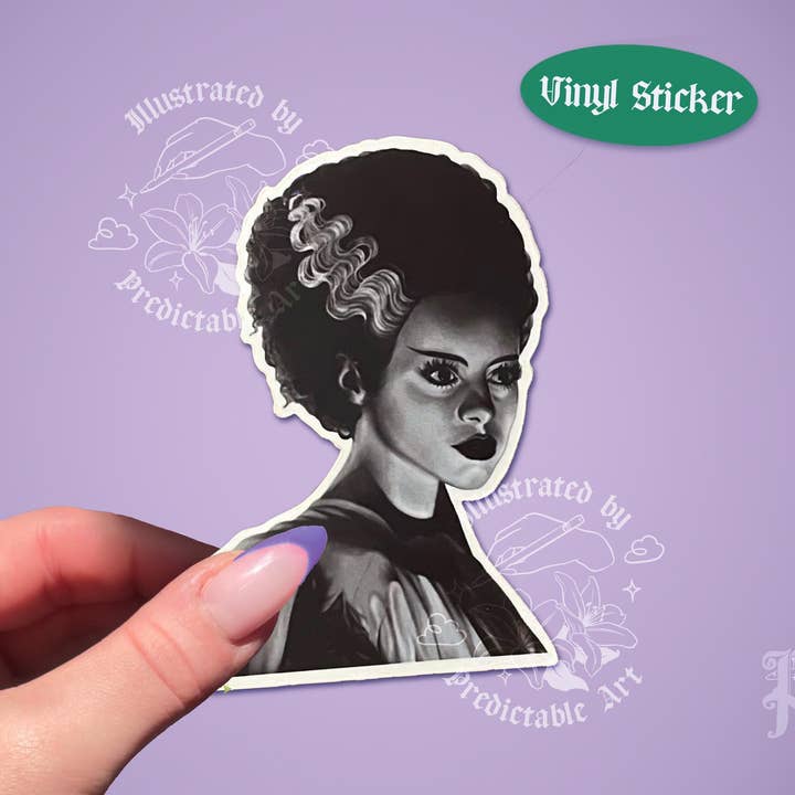 Autocollant en vinyle mat de La Fiancée de Frankenstein | Illustration de portrait d'Elsa Lanchester pour la vente par Predictable Art