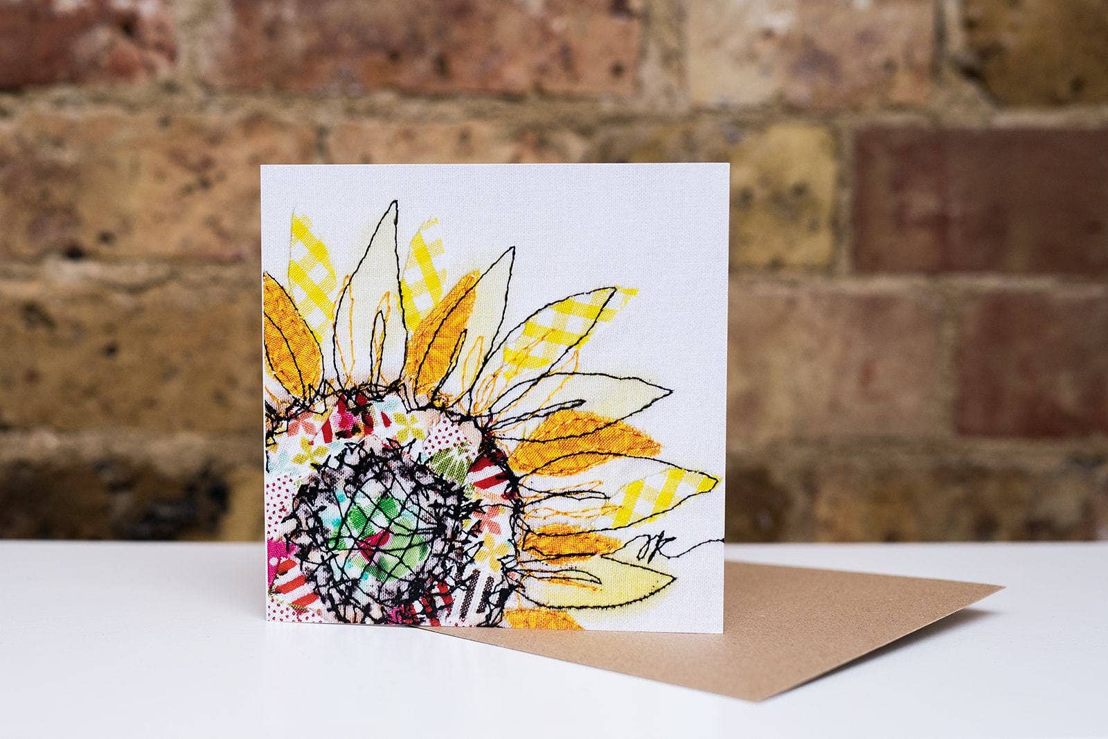 Francesca Kemp Textile Art - Wholesale Everyday Greeting Card - Summer Selvage Sunflower Embroidery Art Card1