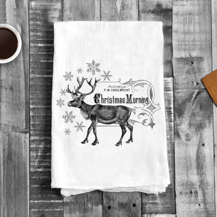 Christmas Morning Deer, Cotton Tea Towels for wholesale by Avery Lane Gifts