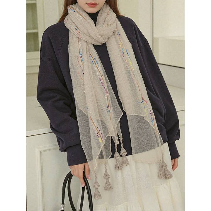 JC Sunny Fashion - Wholesale Scarf - Women's - Classic Ethnic Solid Tassels Scarf with Embroidered Stripes 5