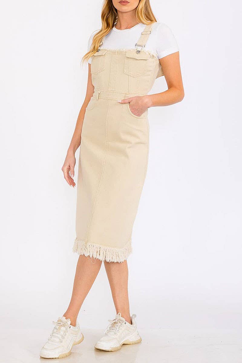 KHAKI SOLID POCKET FRONT RAW EDGE HEM MIDI DENIM DRESS for wholesale on Faire1