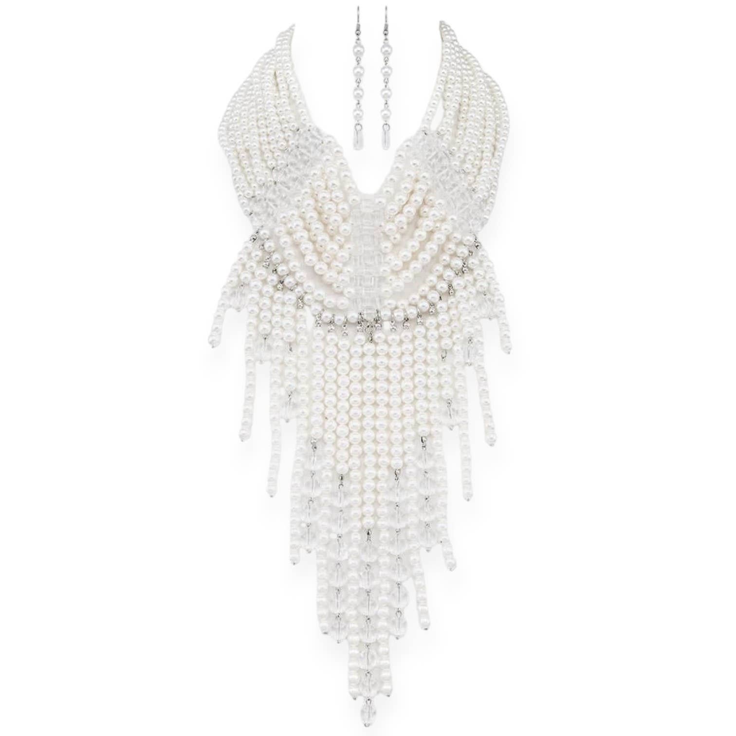 Rhodium White Zillion Pearls Statement Collar Necklace Set for wholesale on Faire0