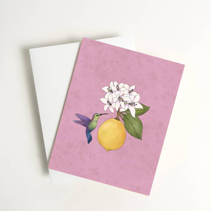 Lemon and Hummingbird Greeting Card – A2 Blank Card, Gift for wholesale by Luna Lupe Studio