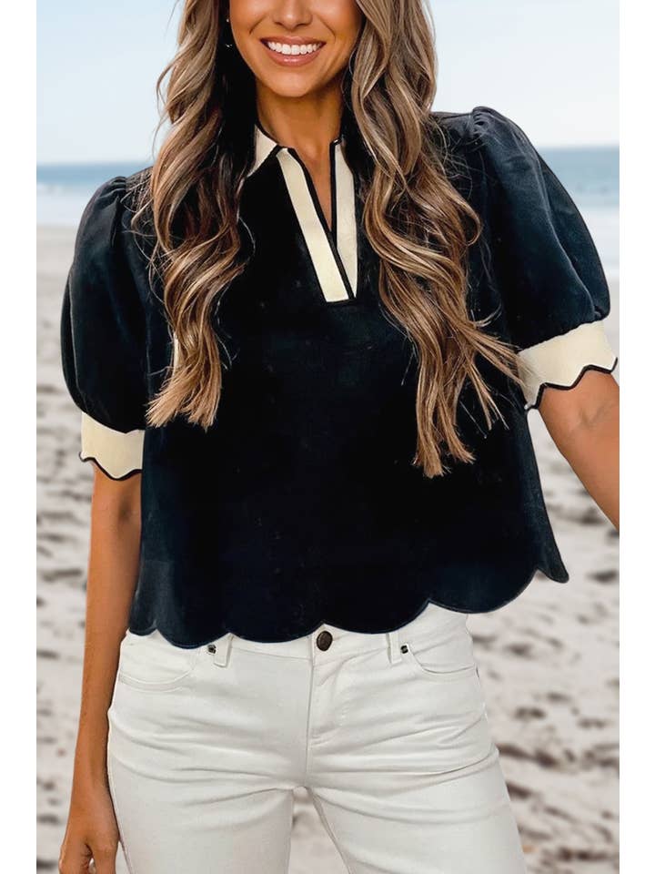 As shown Color Contrast Collared V Neck Puff Sleeve Blouse | S-XL for wholesale on Faire