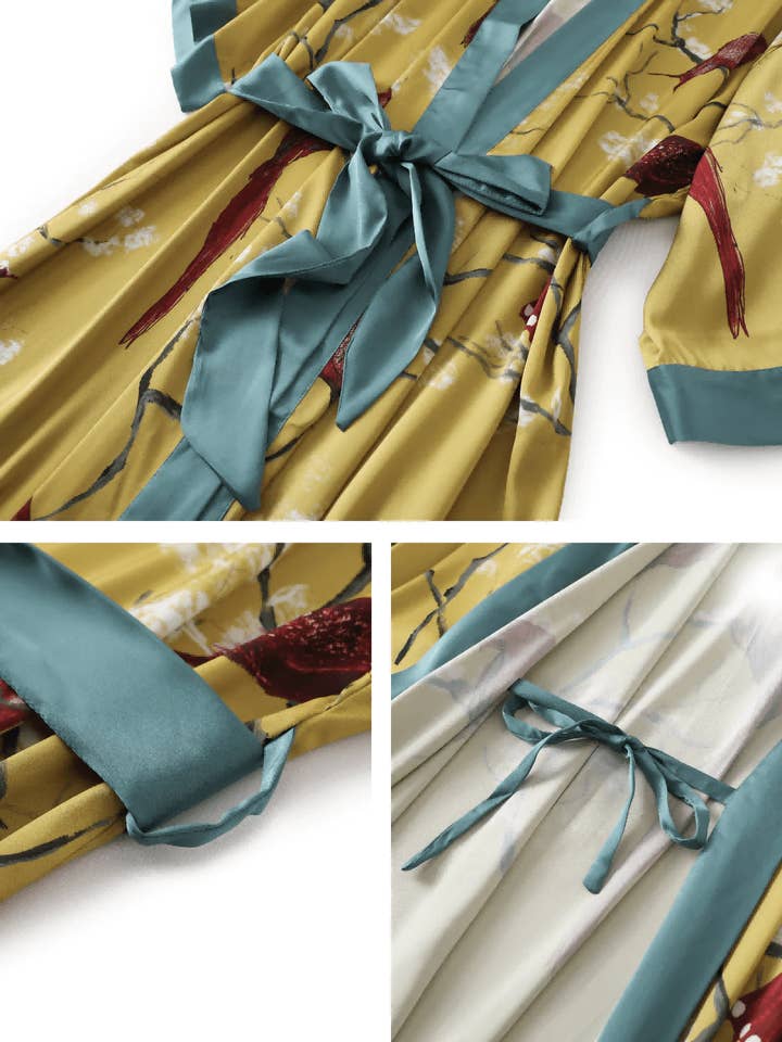 guld Kimono Morgonrock med Fåglar för wholesale på Faire11