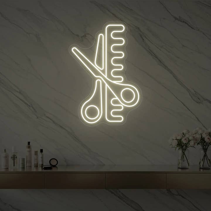 Neonskylt med sax och kam för wholesale av Light Your Way
