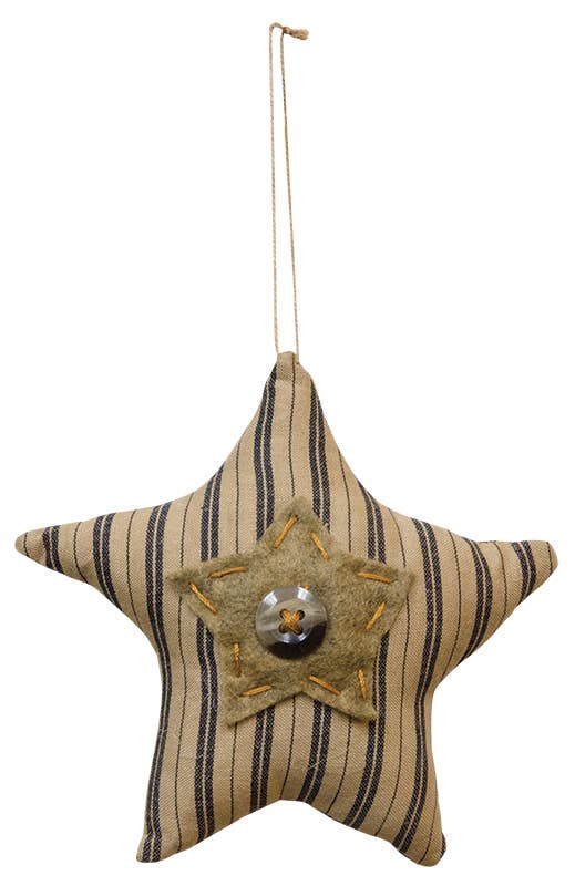 The Hearthside Collection - Wholesale Ornament Set - Ticking Button Star Ornament w/Button, 3 Assorted2