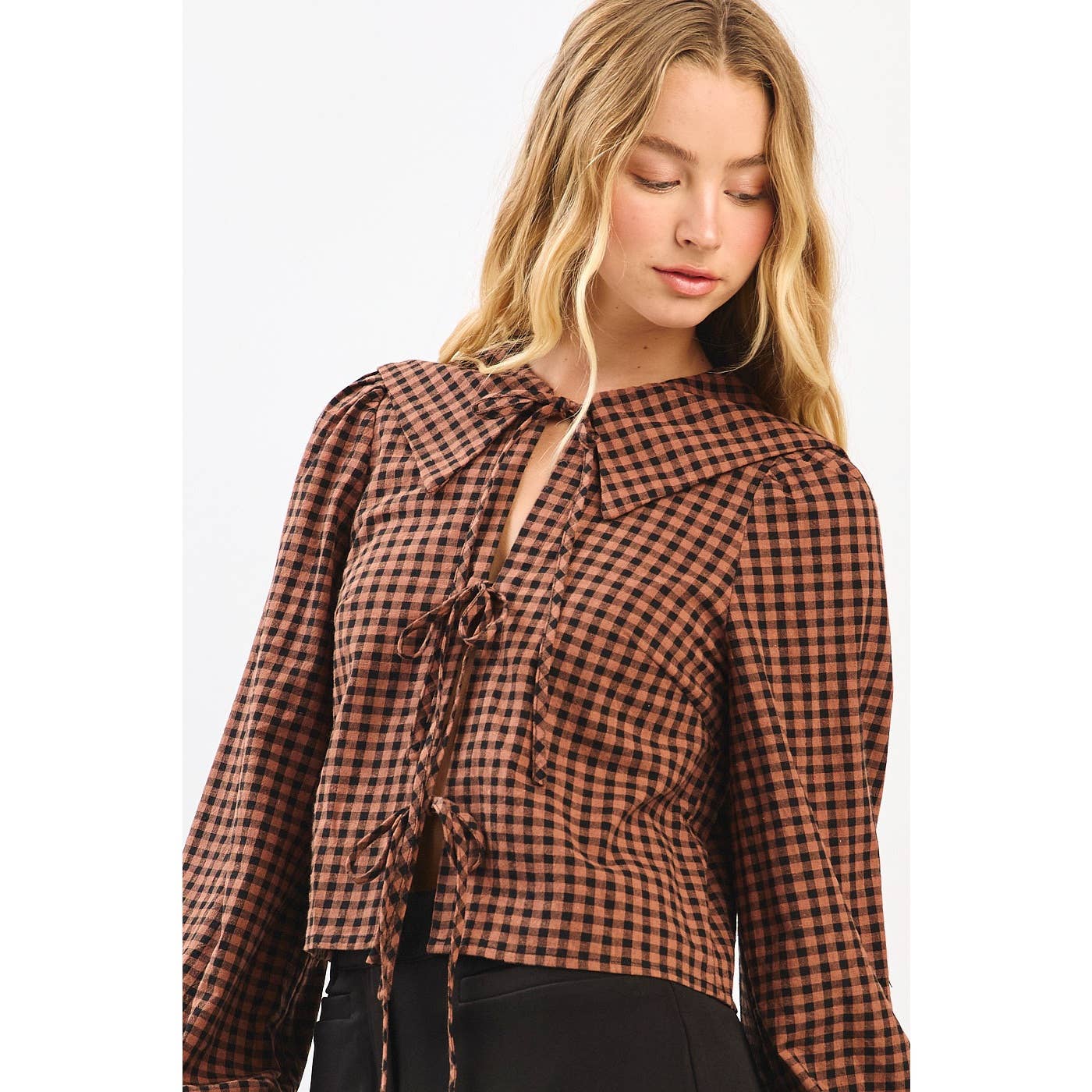 mittoshop - Wholesale Knit Top - Women's - CHECKERED TIE FRONT BIB COLLAR LONG SLEEVE TOP3