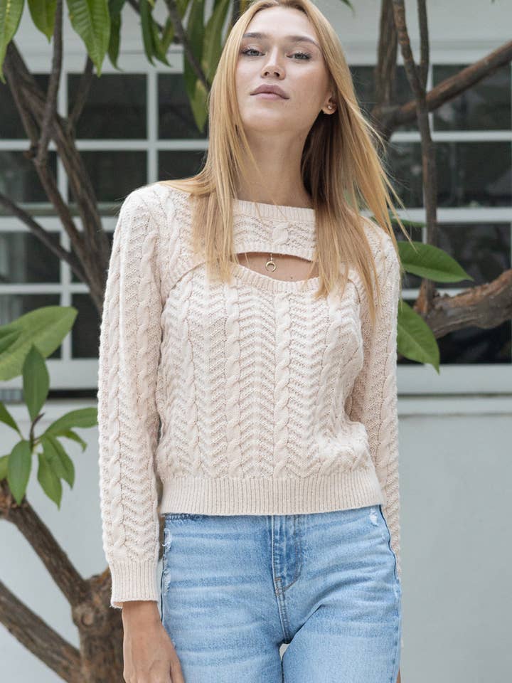 BEIGE Cable Knit Sweater with Front Cut Out Detail for wholesale on Faire