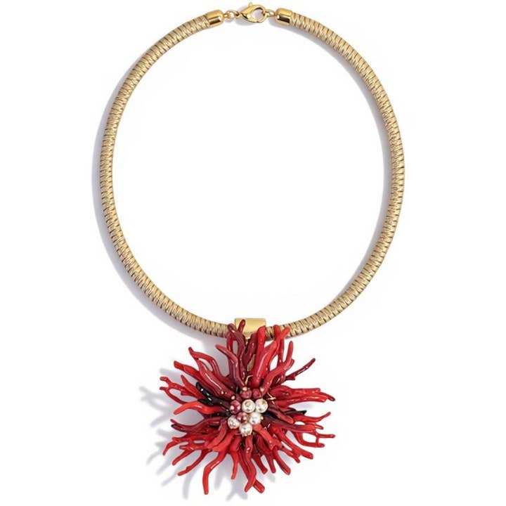 Coral Flower Collar Necklace | Handmade Statement Jewelry for wholesale by Bijoux Envie Statement Jewelry