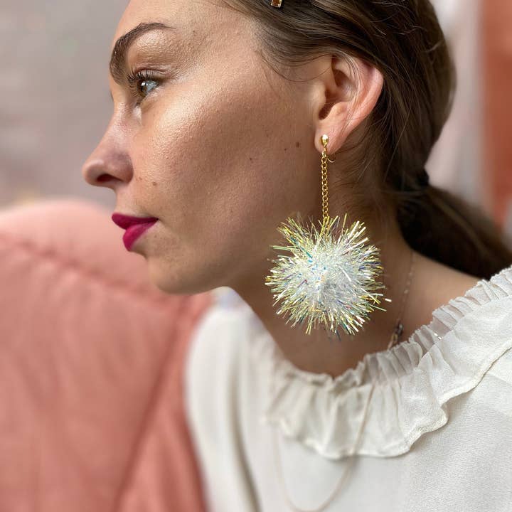 Fat Pom Poms - Wholesale Dangle Earrings - Mini Tinsel Earrings - Choice of colours