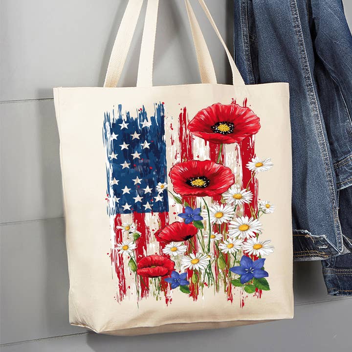 Patriotic American Flag Flowers Canvas Tote Bag for wholesale by Avery Lane Gifts