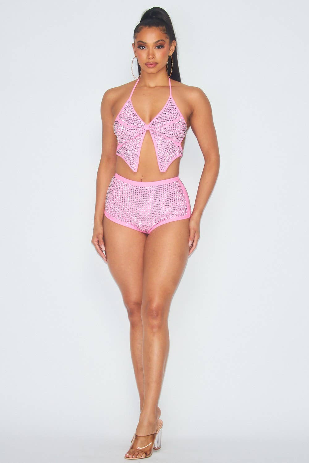 PINK Butterfly Rhinestone Crop Top And Shorts Swim Set (HGC7893) for wholesale on Faire3