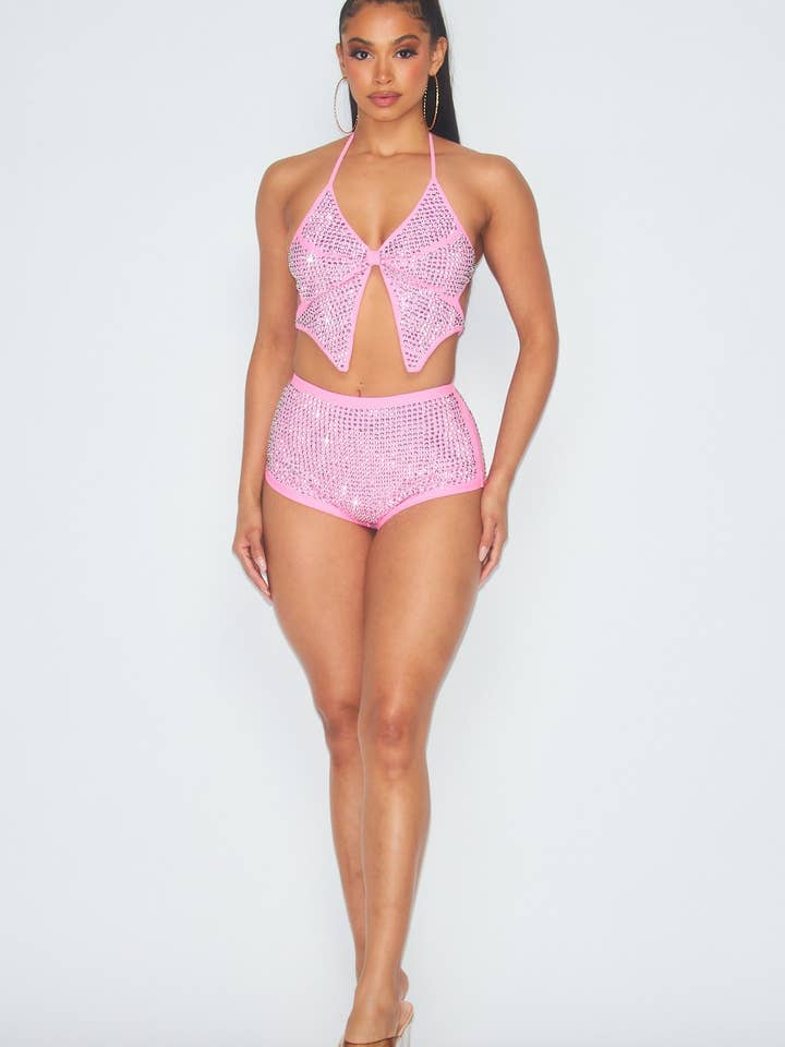 PINK Butterfly Rhinestone Crop Top And Shorts Swim Set (HGC7893) for wholesale on Faire3