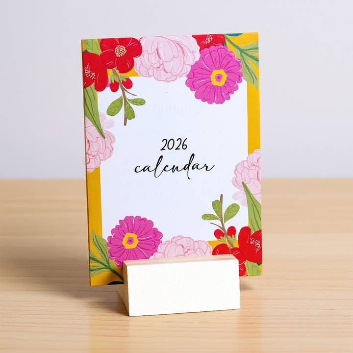 2026 Vibrant Floral Desk Calendar with Wooden Stand for wholesale by Wooden Objects Co