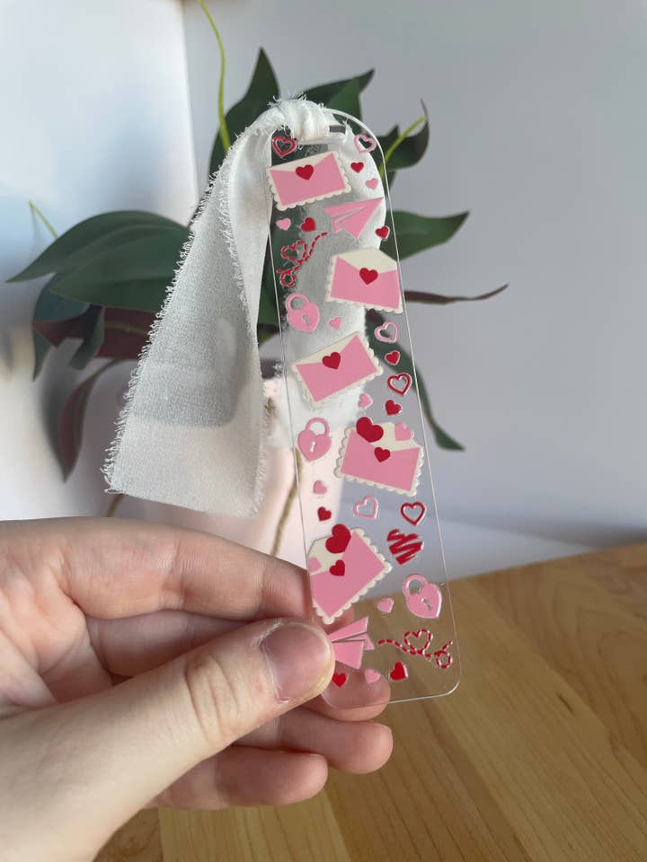 Love Letters Clear Acrylic Bookmark with Chiffon Ribbon for wholesale by DesignedbyKendal
