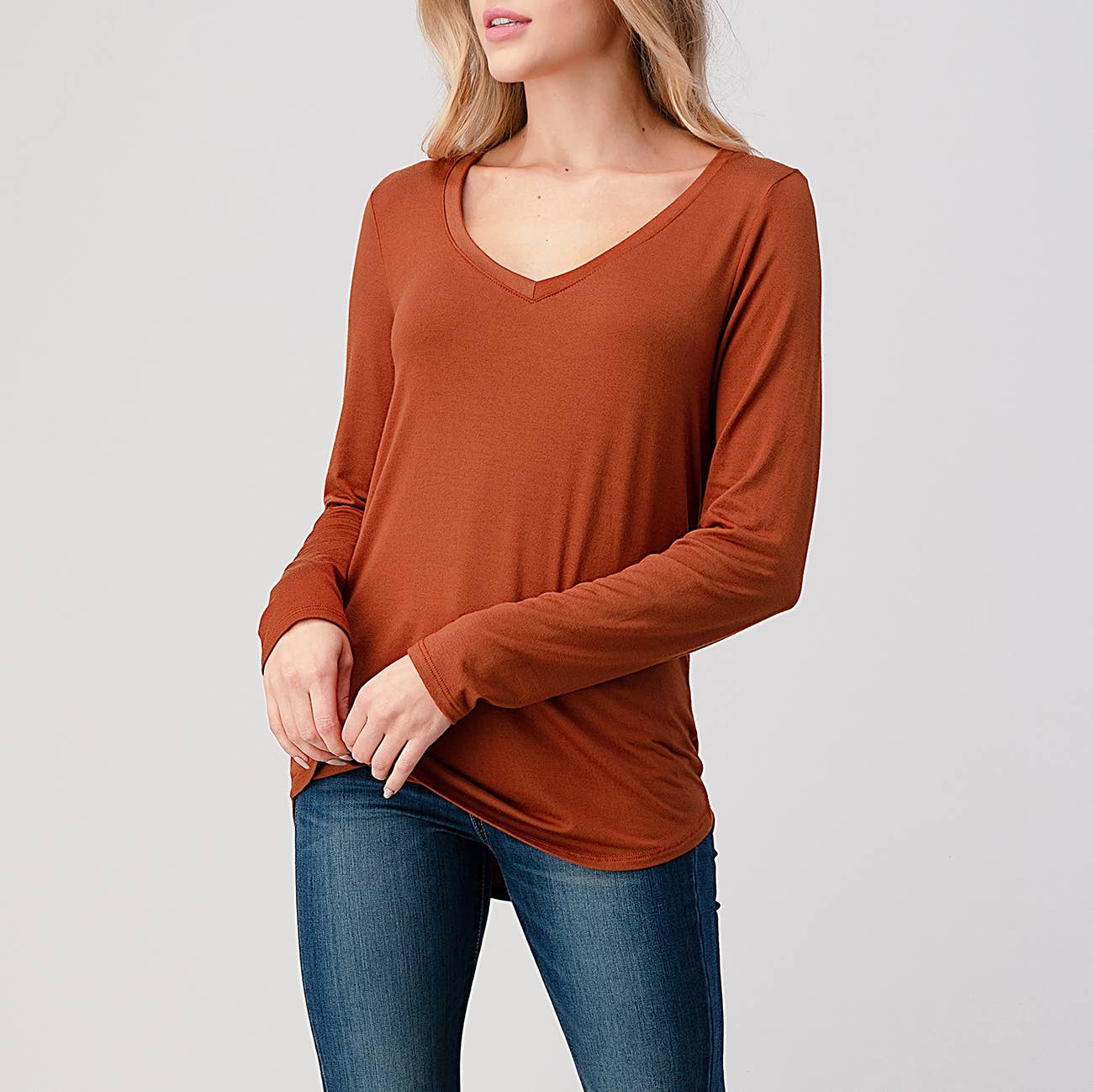 Heimious - Wholesale T-Shirt - Women's - Modal Long Sleeve V-neck Relaxed Fit T-shirt, T24925