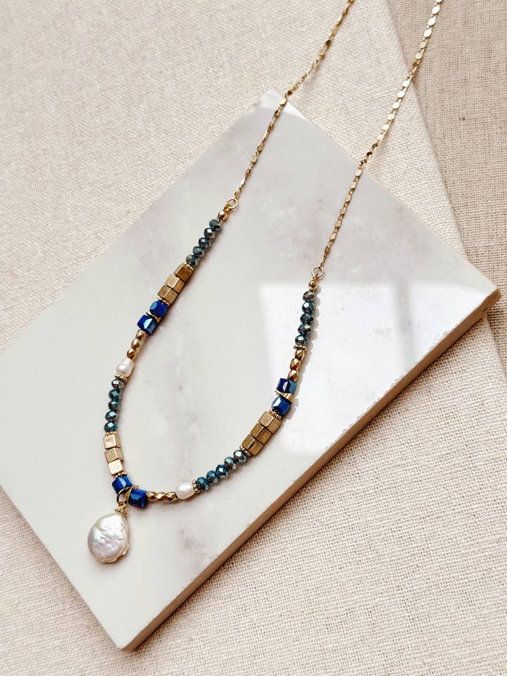 Gold & Blue Crystal Beaded Freshwater Pearl Pendant Necklace for wholesale by Gracie Rose Designs