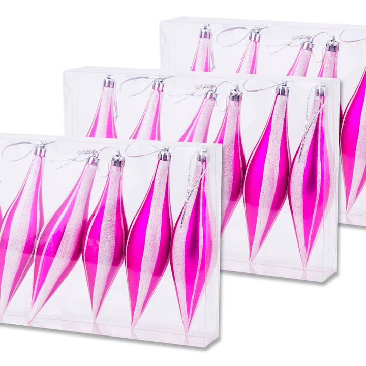18 Pack 5.5" Hot Pink Finial Ornament with White Glitter Stripes for wholesale by Winterland Inc.
