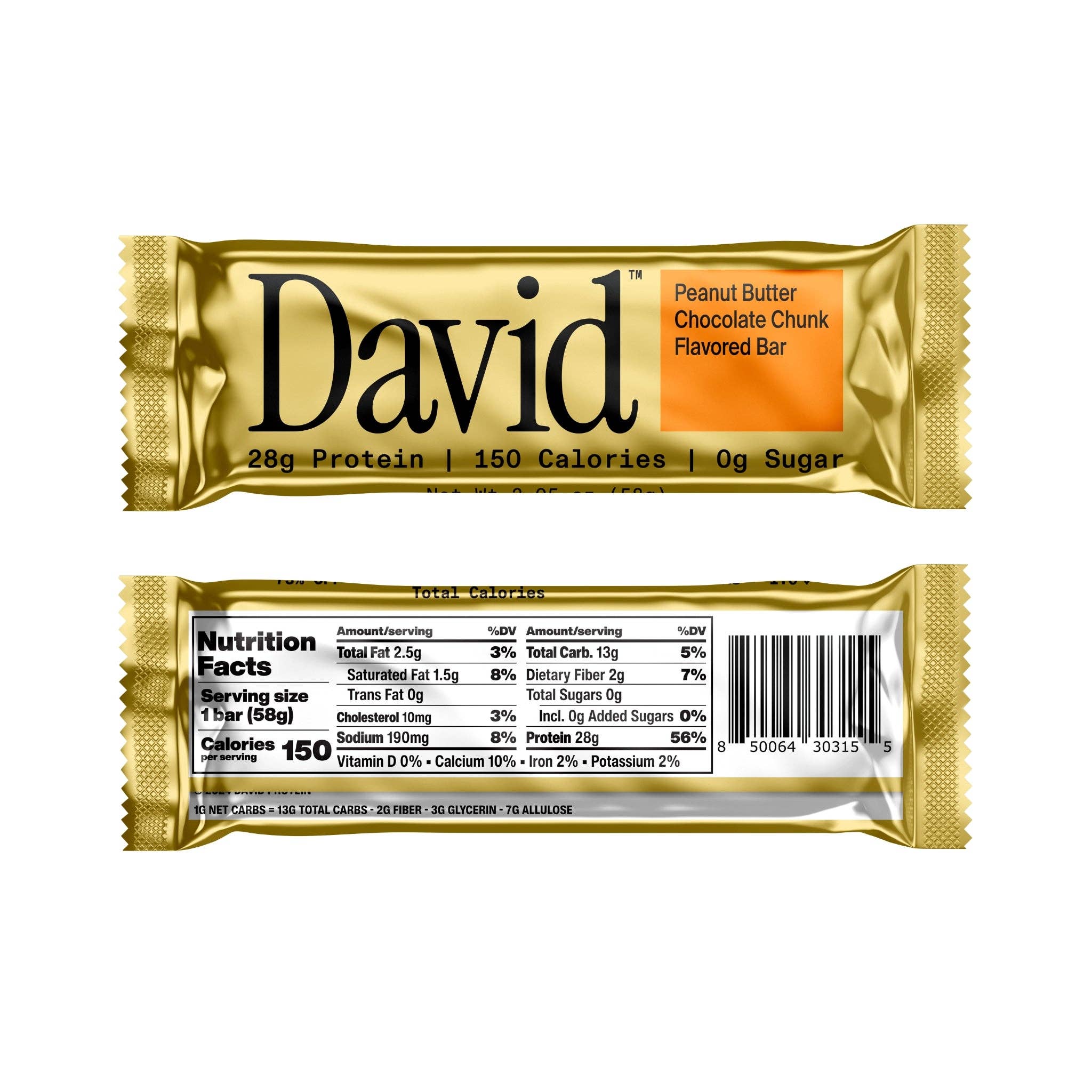 David Protein - Wholesale Snack Bar - Peanut Butter Chocolate Chunk Protein Bar Mastercase (72 Total Bars)