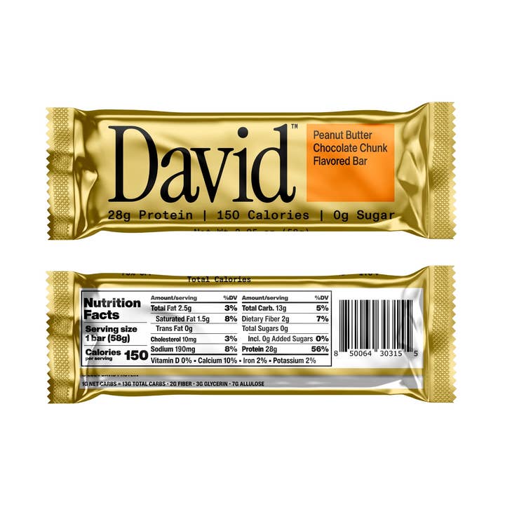 David Protein - Wholesale Snack Bar - Peanut Butter Chocolate Chunk Protein Bar Mastercase (72 Total Bars)0