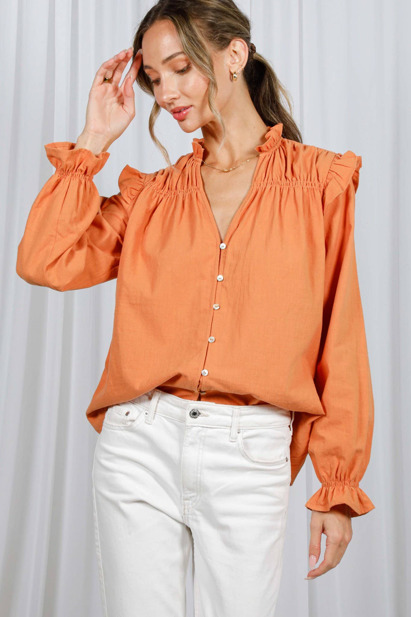 Vine & Love - Vente Chemisier – femme - Blouse à manches longues bouffantes avec col en V à volants 100 % coton VT8231528