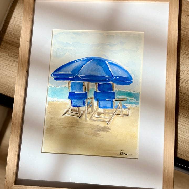 Pintura Original en Acuarela, Sombrillas de Playa, 9x12 para venta al por mayor de Paper Shells Studio