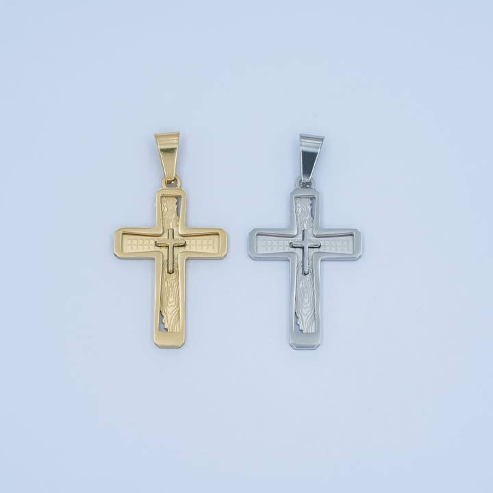 Halskæde med åben geometrisk indgraveret dobbeltkors vedhæng i rustfrit stål i guld og sølv | P858 for engroshandel hos Aim Eternal