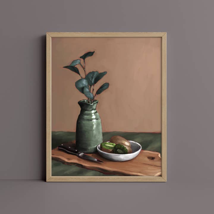 Eucalyptus and Kiwi Still Life Art Print for wholesale by The Ugly Cat Studio