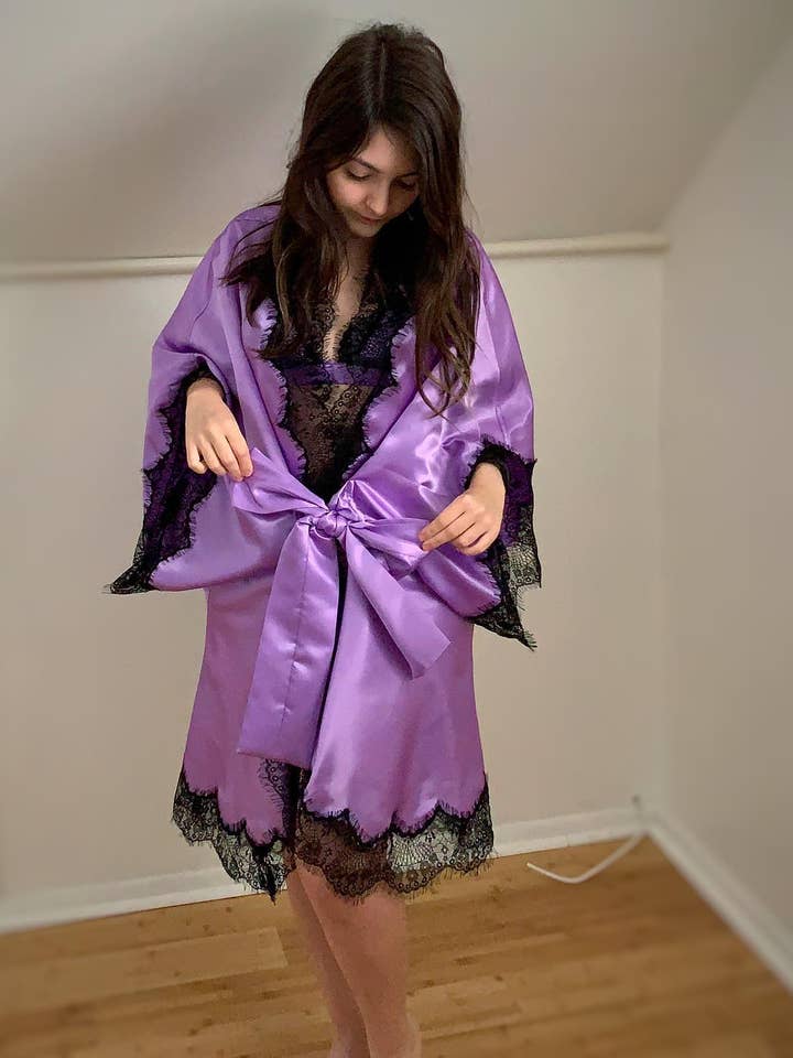 Mary Satin and lace trim cocoon Kimono robe xs-5x for wholesale by Annmarie Kahn