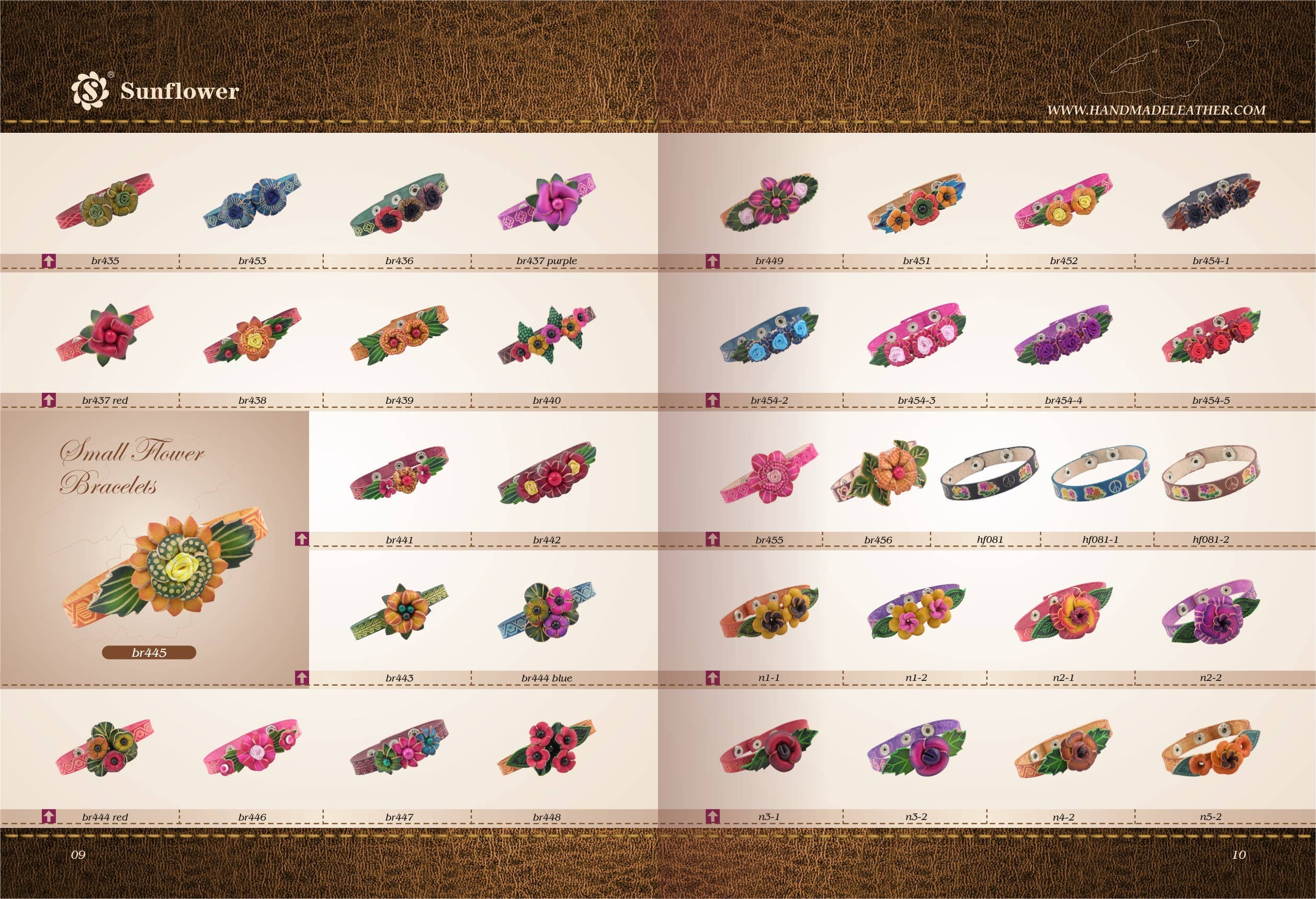 Sunflower Handmade leather inc - Vendita all'ingrosso Bracciale a polsino - 144 Braccialetti con Piccoli Fiori assortiti con un espositore in legno2
