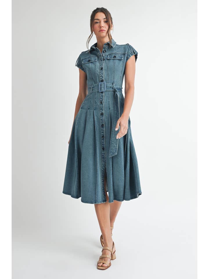 MIDIUM WASH Denim Belted Midi Dress for wholesale on Faire7