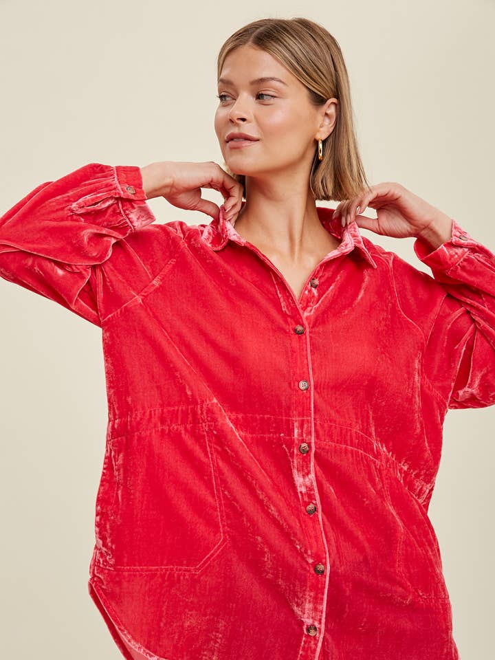 Wishlist Apparel - Wholesale Button Down Shirt - Women's - OVERSIZED CRUSHED VELVET SHIRT WITH SIDE POCKETS / WL22-6766