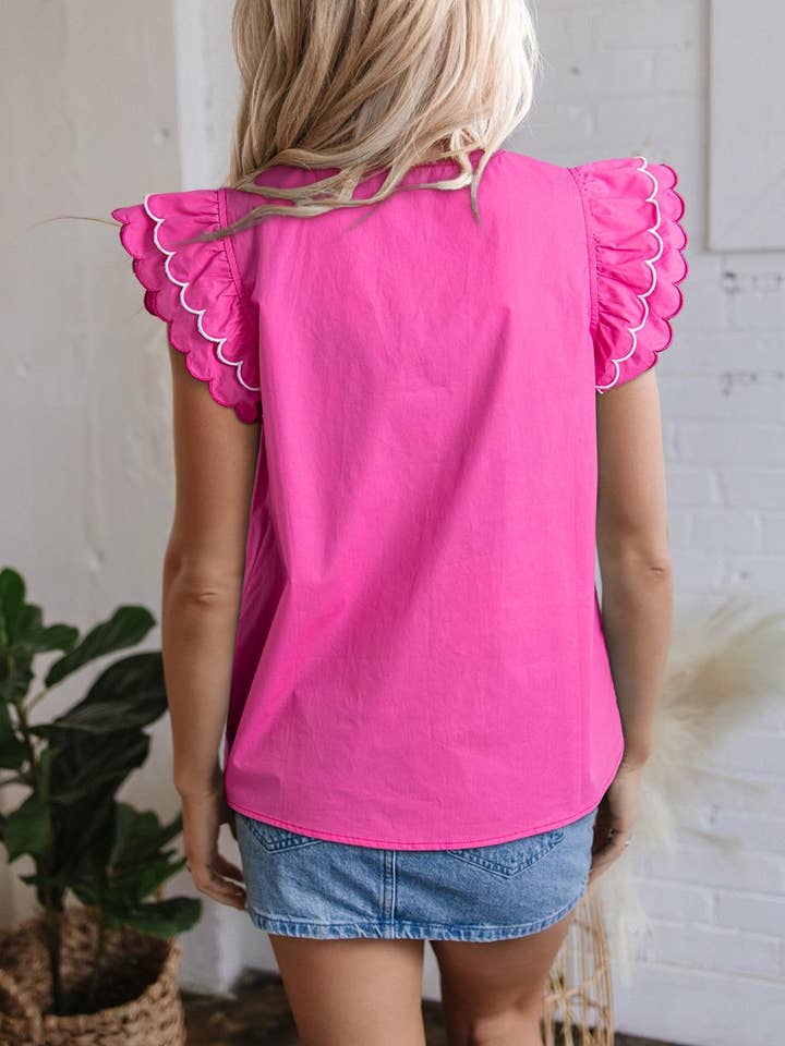 FULL TIME PURCHASE - Wholesale Blouse - Women's - Contrast Scallop Trim Layered Short Sleeve V Neck Blouse